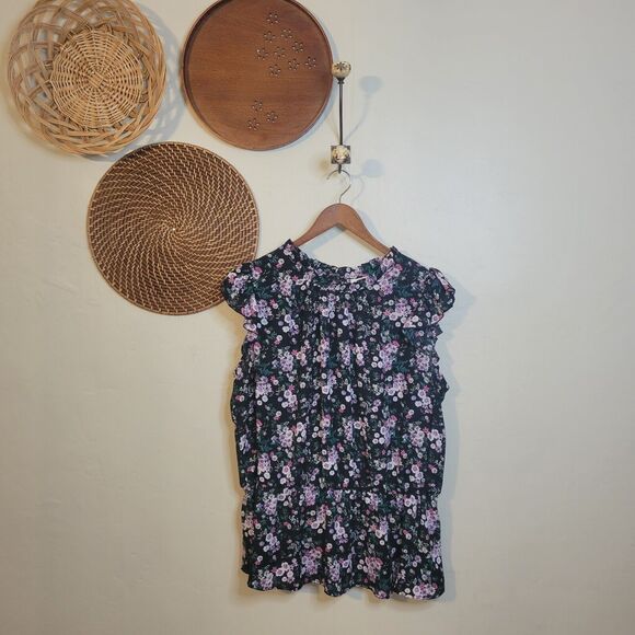 Janet Chung Tops - Janet Chung Peplum Floral Chiffon Top Black Purple Pink Flowers Ruffle Sleeve 2X